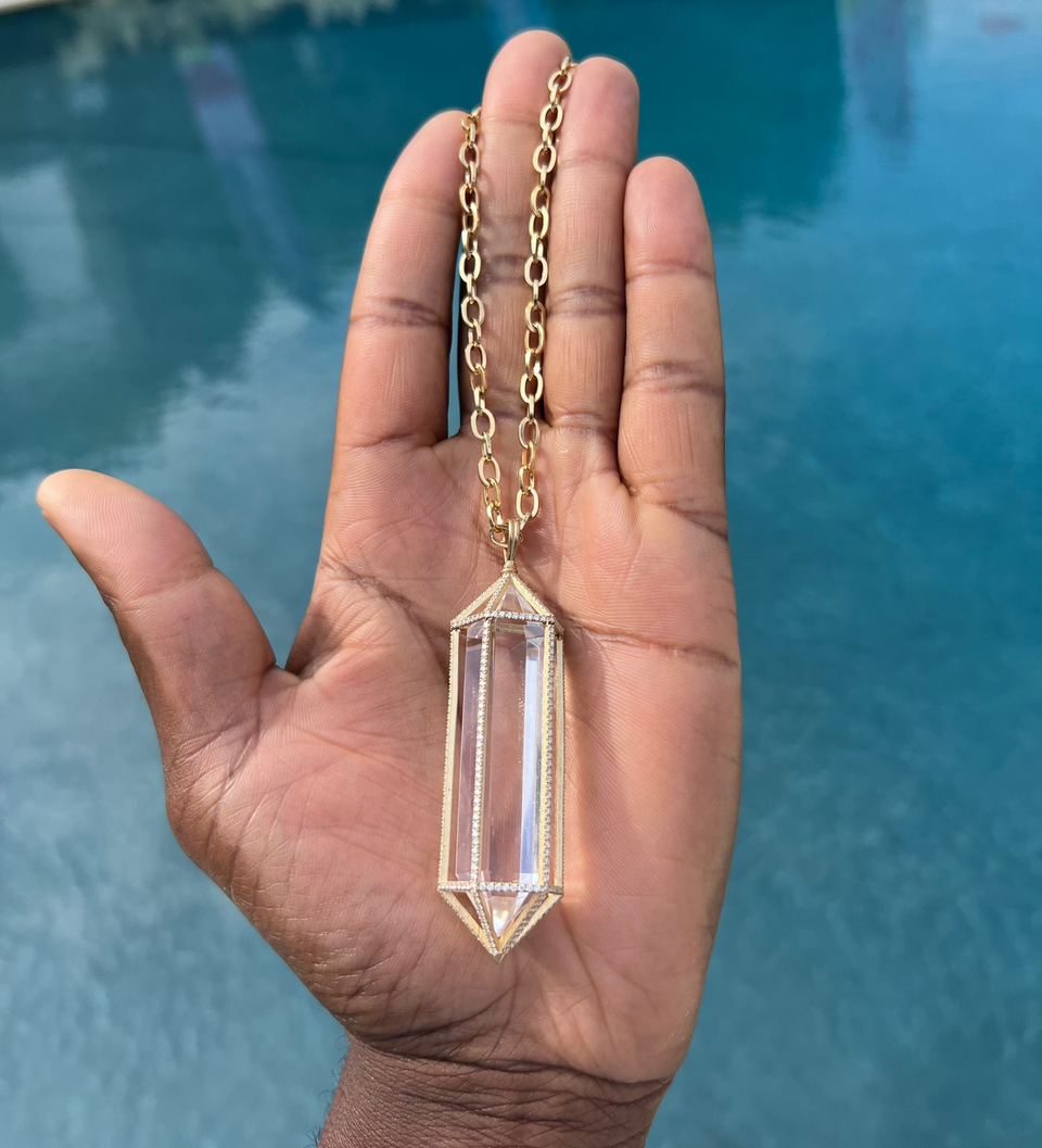 Diamond Encrusted Large Cage Floating Power Crystal Necklace Diamond Encrusted Large Cage Floating Power Crystal Necklace