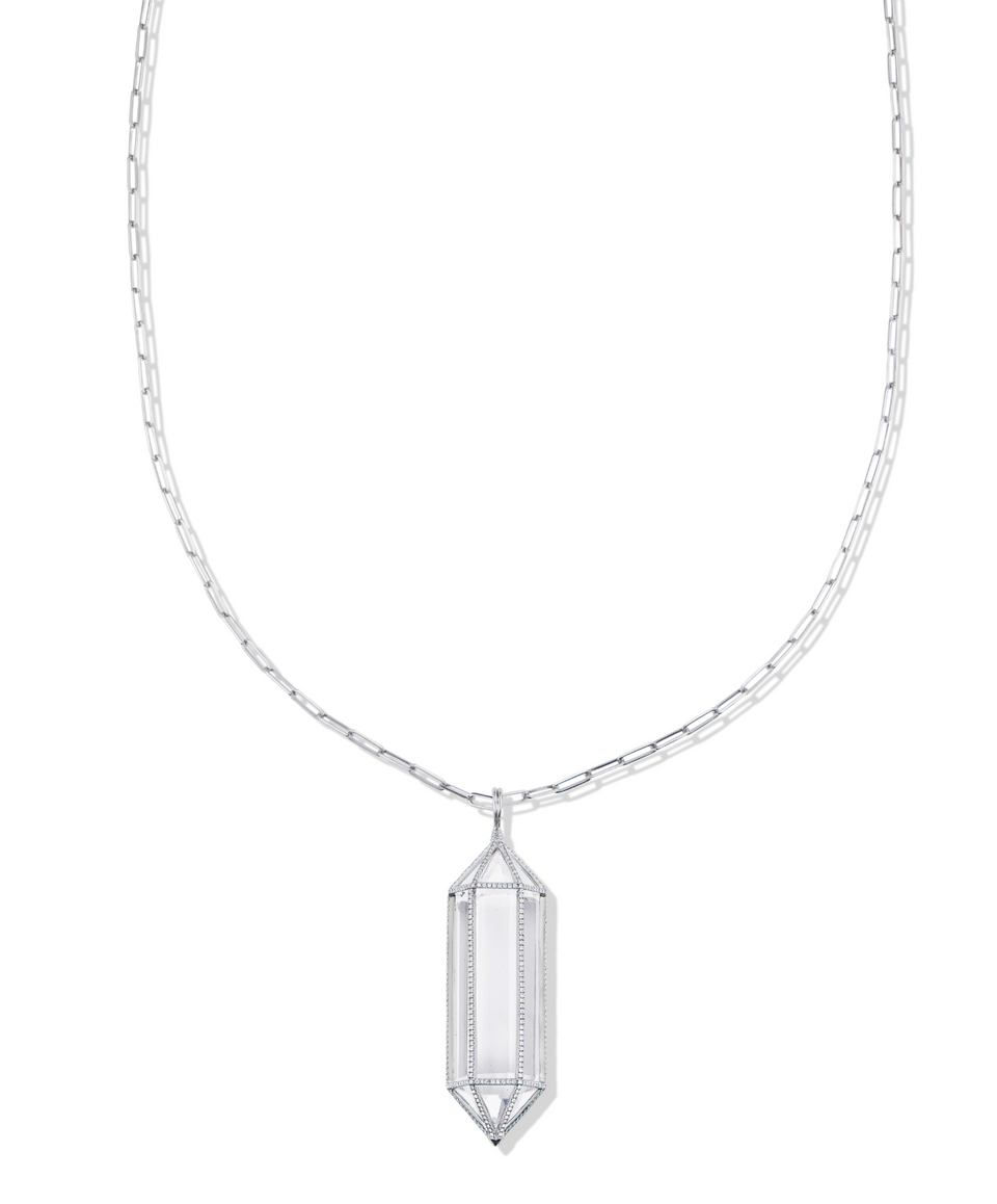 Diamond Encrusted Large Power Crystal Cage Necklace 14 KT White Gold