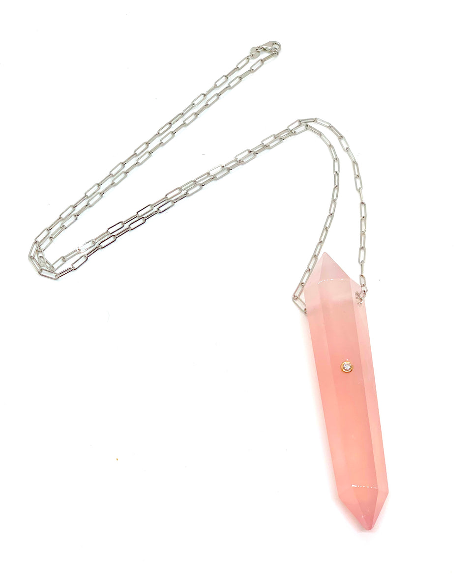 Power Crystal Rose Quartz  1 Point Diamond Necklace