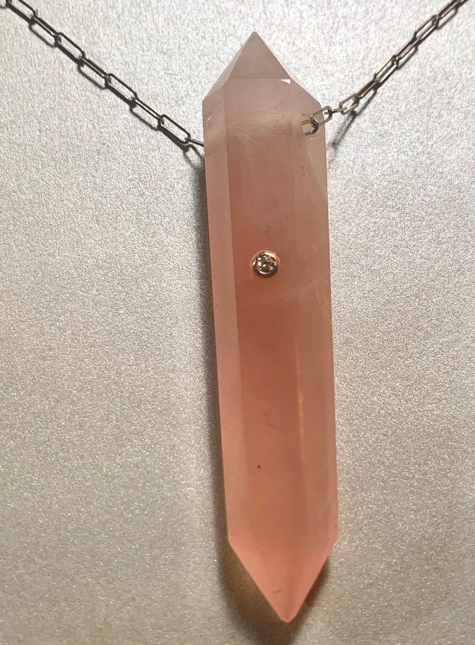 Power Crystal Rose Quartz  1 Point Diamond Necklace